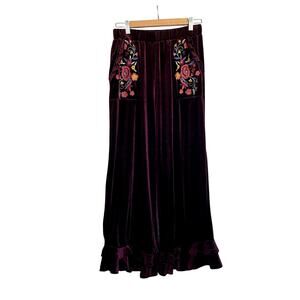umgee "The Amy" Wine Velvet Wide Leg Palazzo Pants with Embroidery Detail Size L